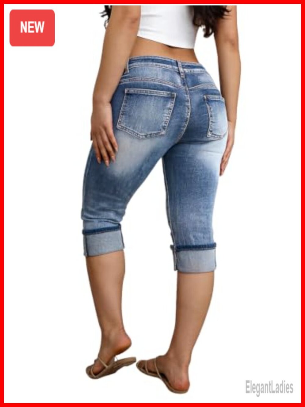 Mid Rise Capri Denim Jeans Raw Hem Embroidered Pockets